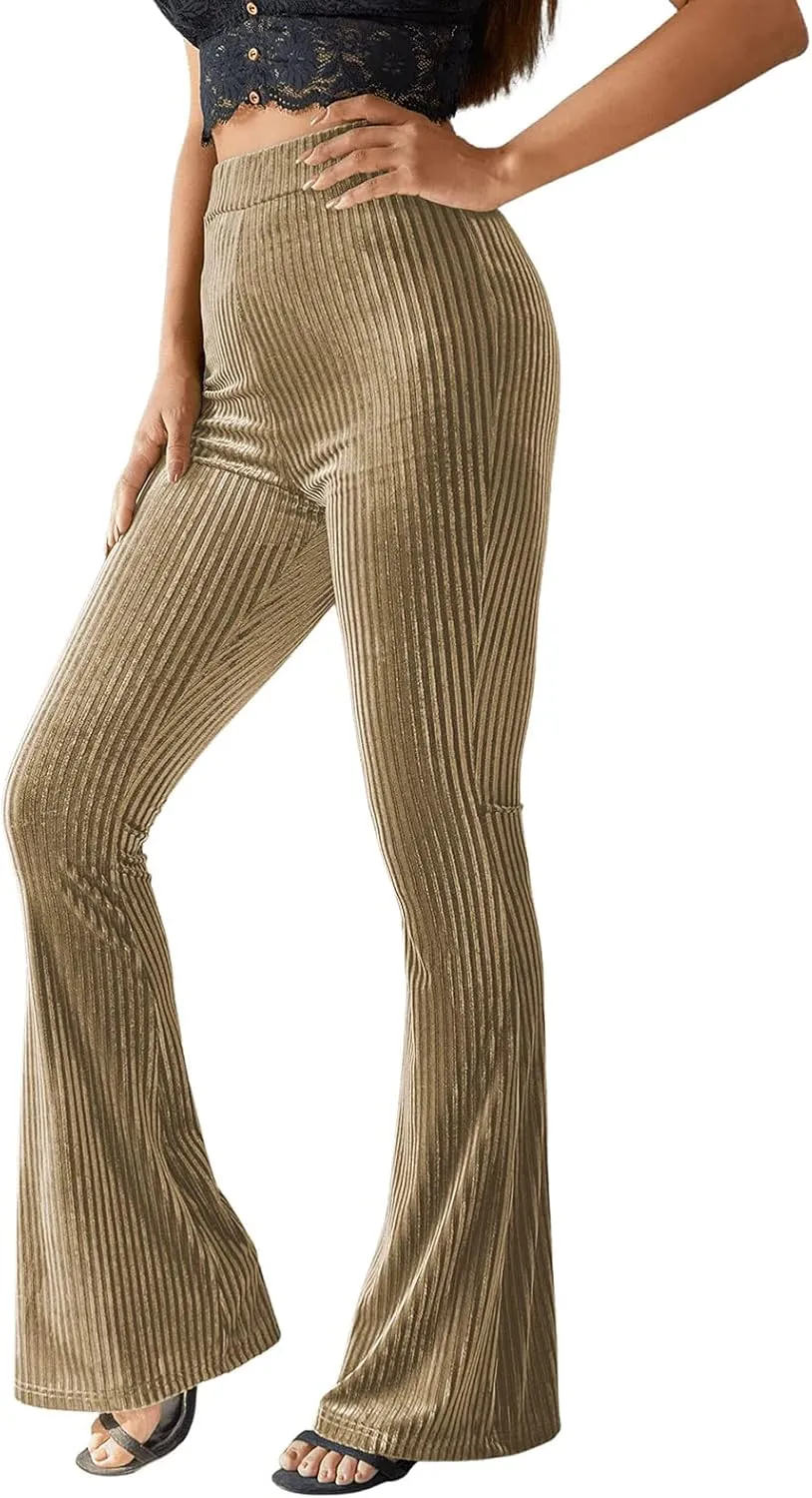 iTranyee Women's Casual Corduroy Flared Pants Trendy High Waist Stretch Bootcut Bell Bottom Trousers Slim Fit Wide Leg Pants