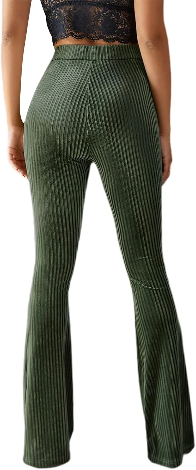 iTranyee Women's Casual Corduroy Flared Pants Trendy High Waist Stretch Bootcut Bell Bottom Trousers Slim Fit Wide Leg Pants