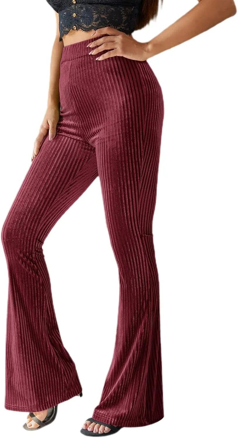 iTranyee Women's Casual Corduroy Flared Pants Trendy High Waist Stretch Bootcut Bell Bottom Trousers Slim Fit Wide Leg Pants