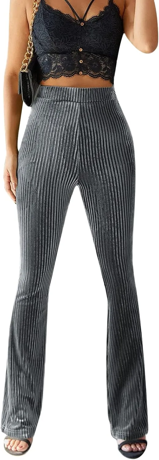 iTranyee Women's Casual Corduroy Flared Pants Trendy High Waist Stretch Bootcut Bell Bottom Trousers Slim Fit Wide Leg Pants