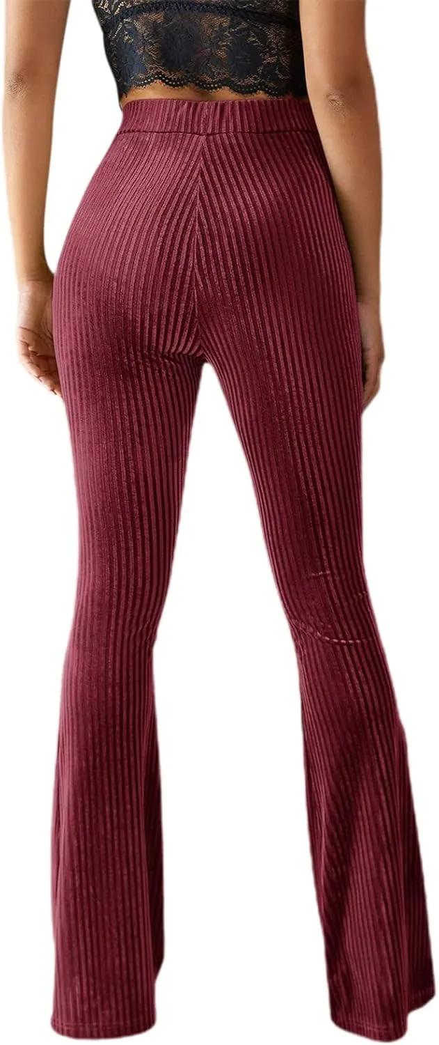 iTranyee Women's Casual Corduroy Flared Pants Trendy High Waist Stretch Bootcut Bell Bottom Trousers Slim Fit Wide Leg Pants