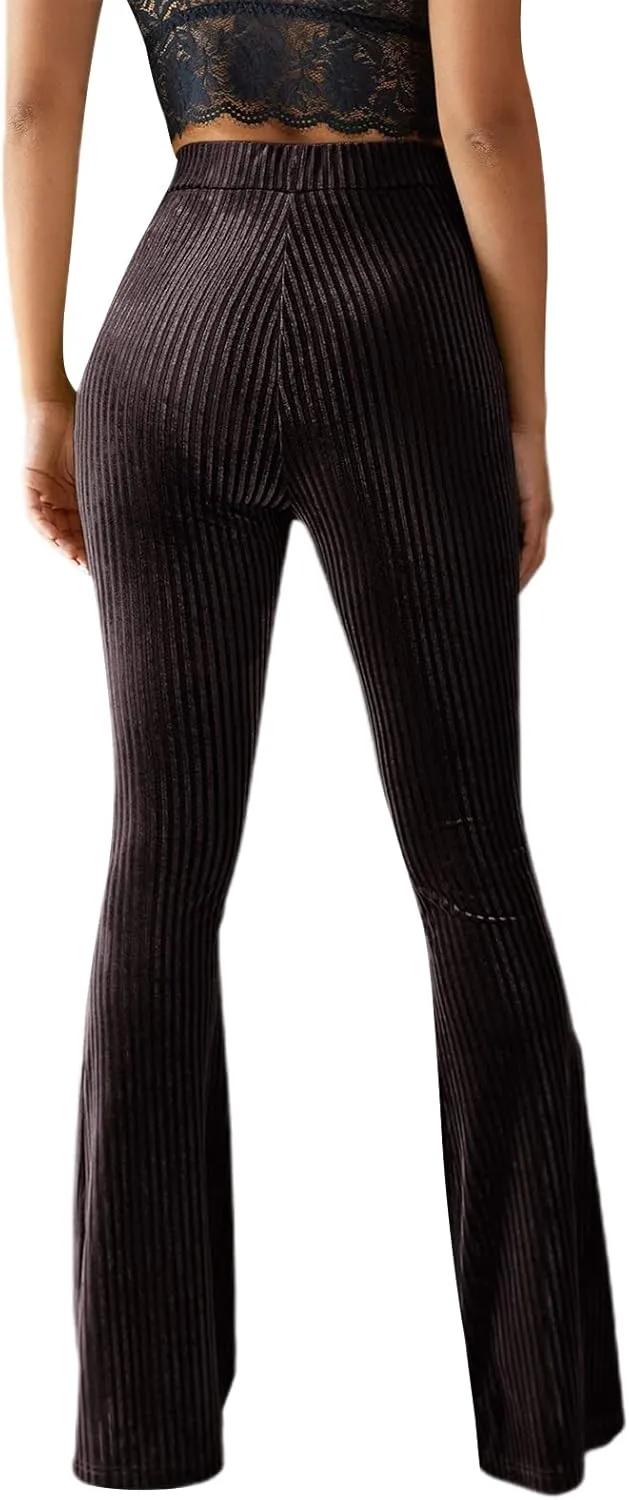 iTranyee Women's Casual Corduroy Flared Pants Trendy High Waist Stretch Bootcut Bell Bottom Trousers Slim Fit Wide Leg Pants