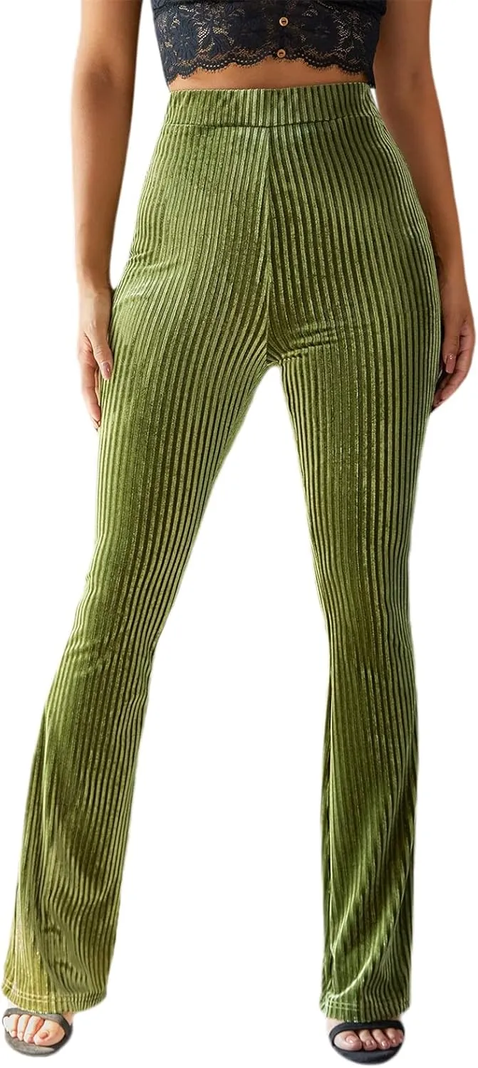 iTranyee Women's Casual Corduroy Flared Pants Trendy High Waist Stretch Bootcut Bell Bottom Trousers Slim Fit Wide Leg Pants
