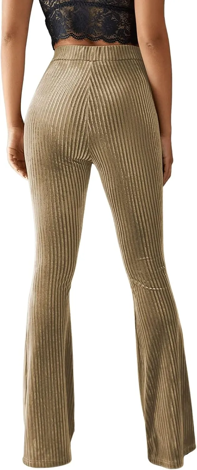 iTranyee Women's Casual Corduroy Flared Pants Trendy High Waist Stretch Bootcut Bell Bottom Trousers Slim Fit Wide Leg Pants