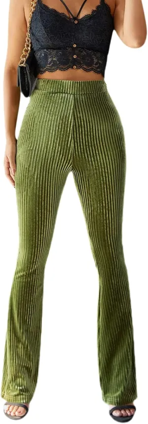 iTranyee Women's Casual Corduroy Flared Pants Trendy High Waist Stretch Bootcut Bell Bottom Trousers Slim Fit Wide Leg Pants