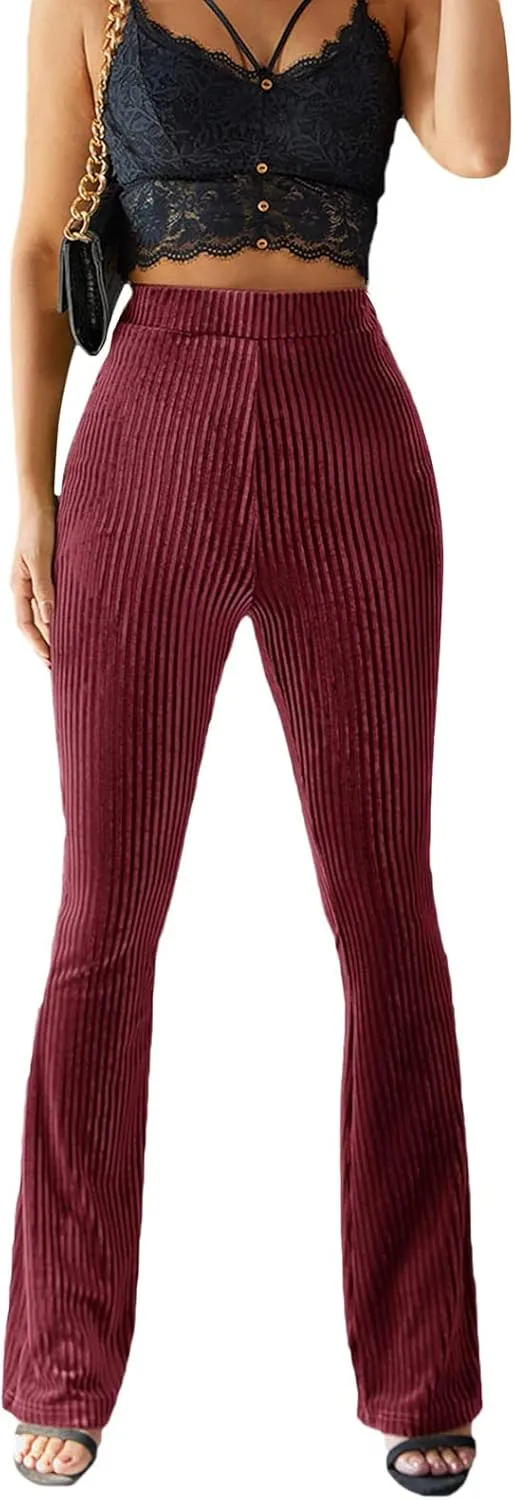 iTranyee Women's Casual Corduroy Flared Pants Trendy High Waist Stretch Bootcut Bell Bottom Trousers Slim Fit Wide Leg Pants