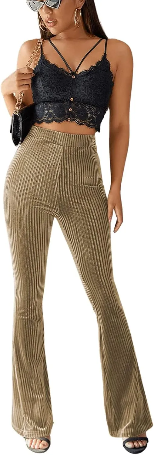 iTranyee Women's Casual Corduroy Flared Pants Trendy High Waist Stretch Bootcut Bell Bottom Trousers Slim Fit Wide Leg Pants