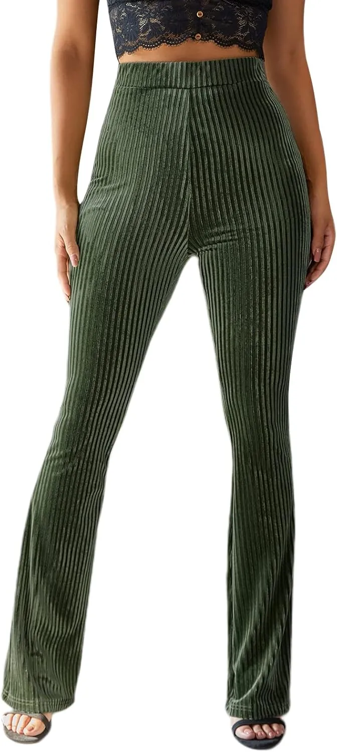 iTranyee Women's Casual Corduroy Flared Pants Trendy High Waist Stretch Bootcut Bell Bottom Trousers Slim Fit Wide Leg Pants