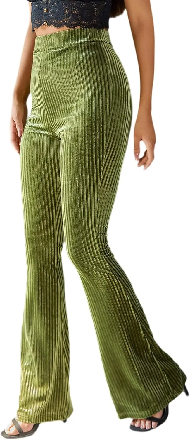iTranyee Women's Casual Corduroy Flared Pants Trendy High Waist Stretch Bootcut Bell Bottom Trousers Slim Fit Wide Leg Pants