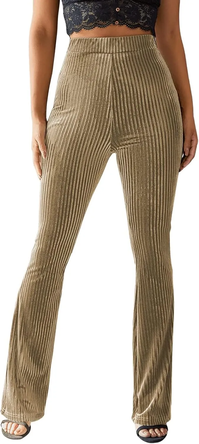 iTranyee Women's Casual Corduroy Flared Pants Trendy High Waist Stretch Bootcut Bell Bottom Trousers Slim Fit Wide Leg Pants