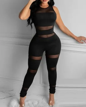 Jasmina Elegant Casual Sheer Mesh Thick Strap Sleeveless Skinny Jumpsuit