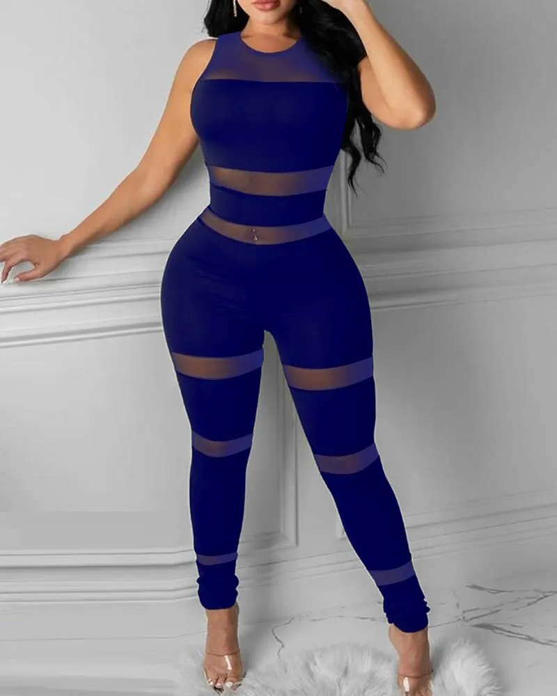Jasmina Elegant Casual Sheer Mesh Thick Strap Sleeveless Skinny Jumpsuit