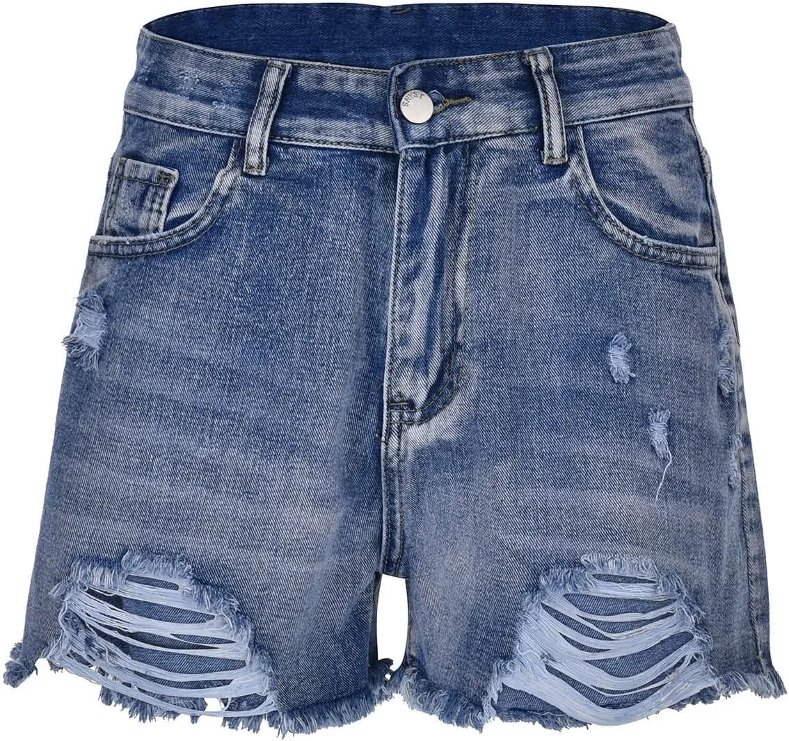 Jean Shorts Womens High Waisted Lightweight Trendy Ripped Distressed Denim Short Pants Elastic Waist Comfy Shorts
