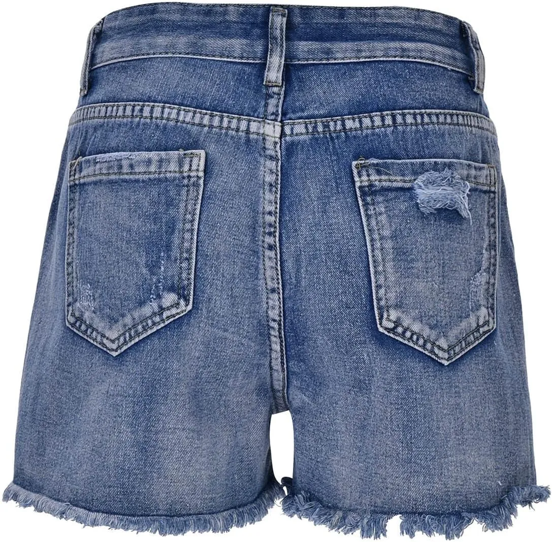 Jean Shorts Womens High Waisted Lightweight Trendy Ripped Distressed Denim Short Pants Elastic Waist Comfy Shorts