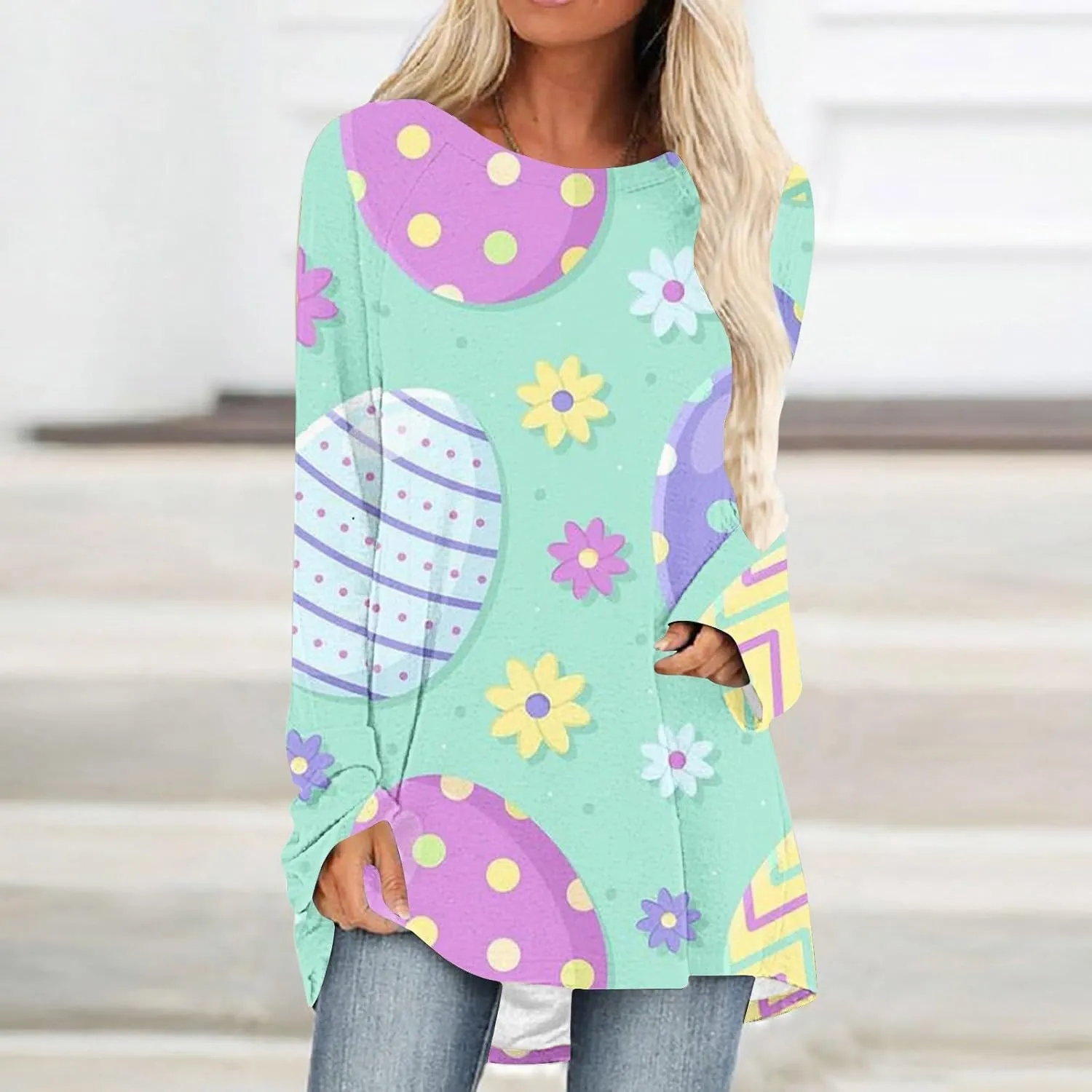 Jesus Sweatshirt Round Neck Easter Bunny Festival Happy Easter Printed Long Sleeve Loose Casual T Shirt Christian