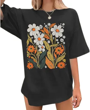 Jinluth Womens Oversized Boho Wildflower Graphic Tee Shirts Vintage Floral Printed Tshirts Cute Flower Plant Tops