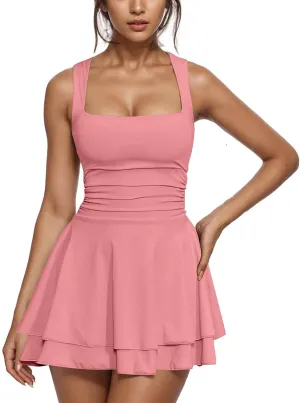 JOAU Women's Square Neck Layered Ruffle Hem Mini Dress Sleeveless Low Cut A-Line Swing Ruched Waist Short Party Dresses
