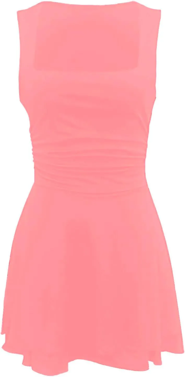 JOAU Women's Square Neck Layered Ruffle Hem Mini Dress Sleeveless Low Cut A-Line Swing Ruched Waist Short Party Dresses