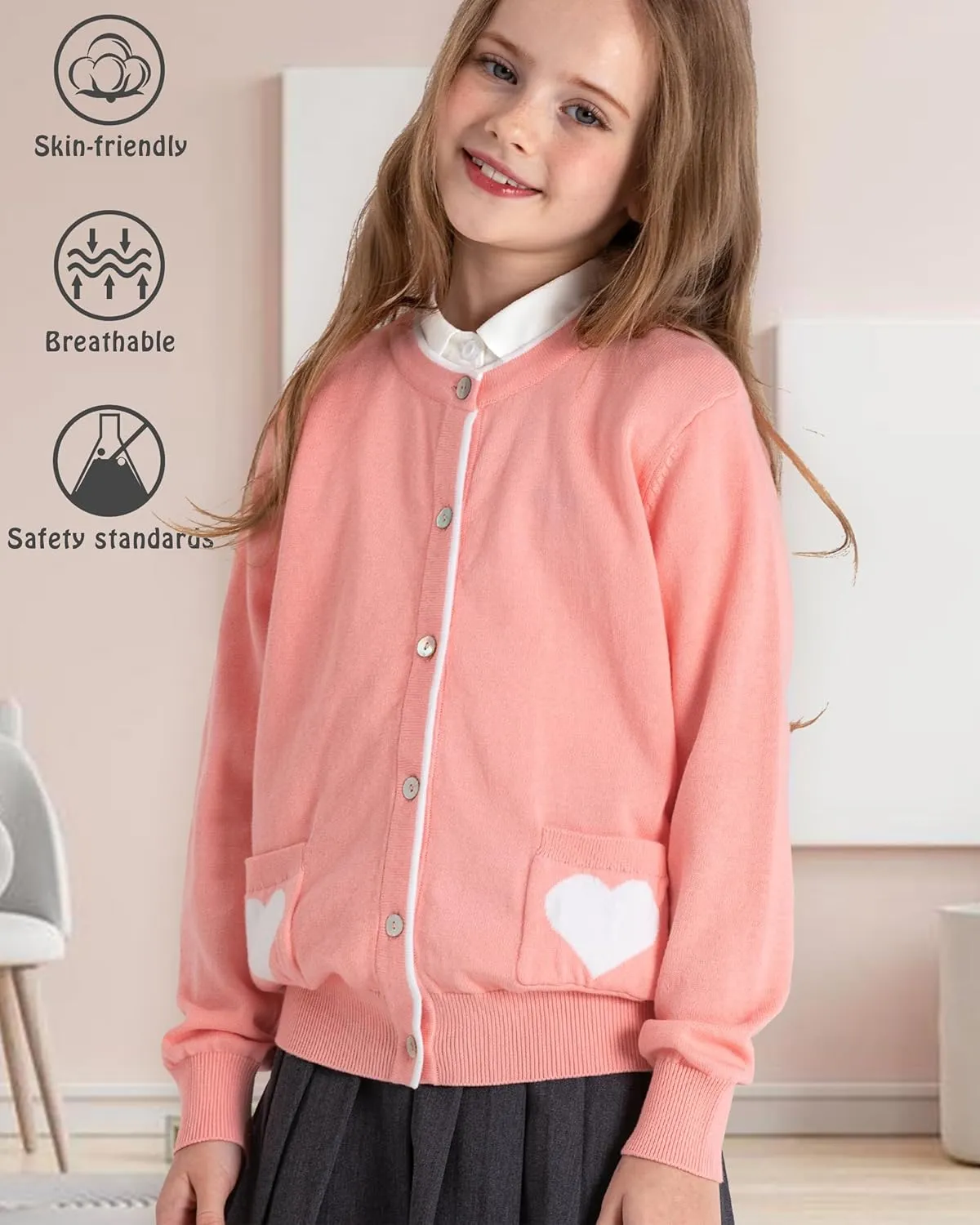 JSTEX Girls Cute Cardigan 100% Cotton Knit Kids Cardigan Long Sleeve Crew Neck Button Sweaters for Girl Size 4-14