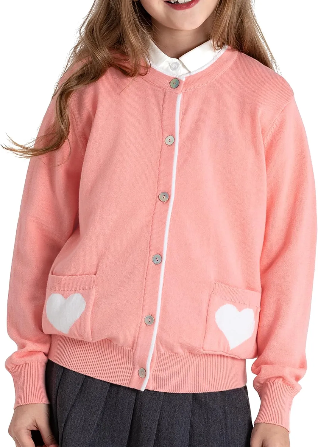 JSTEX Girls Cute Cardigan 100% Cotton Knit Kids Cardigan Long Sleeve Crew Neck Button Sweaters for Girl Size 4-14
