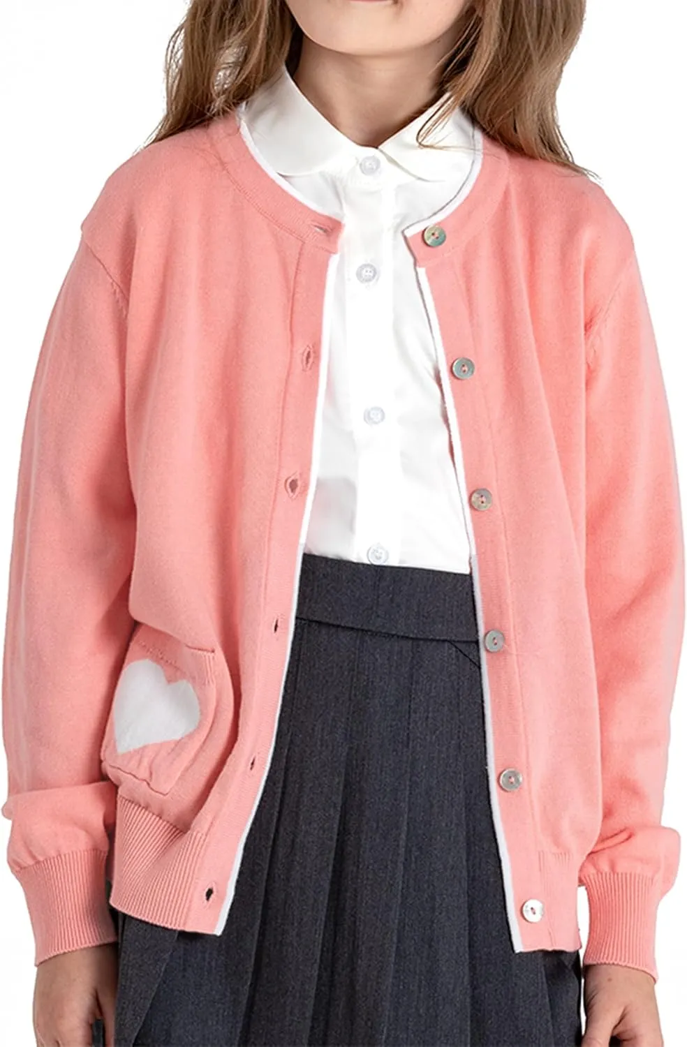 JSTEX Girls Cute Cardigan 100% Cotton Knit Kids Cardigan Long Sleeve Crew Neck Button Sweaters for Girl Size 4-14