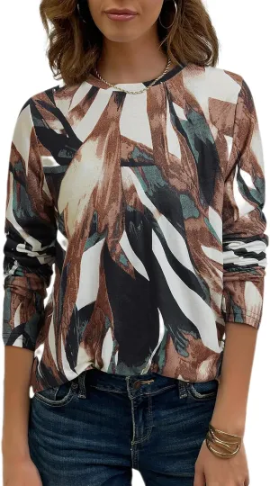 JUSTFASHIONNOW Womens Long Sleeve Tops Casual Shirts for Women Summer Flower Printed T Shirt Crewneck Floral Tee
