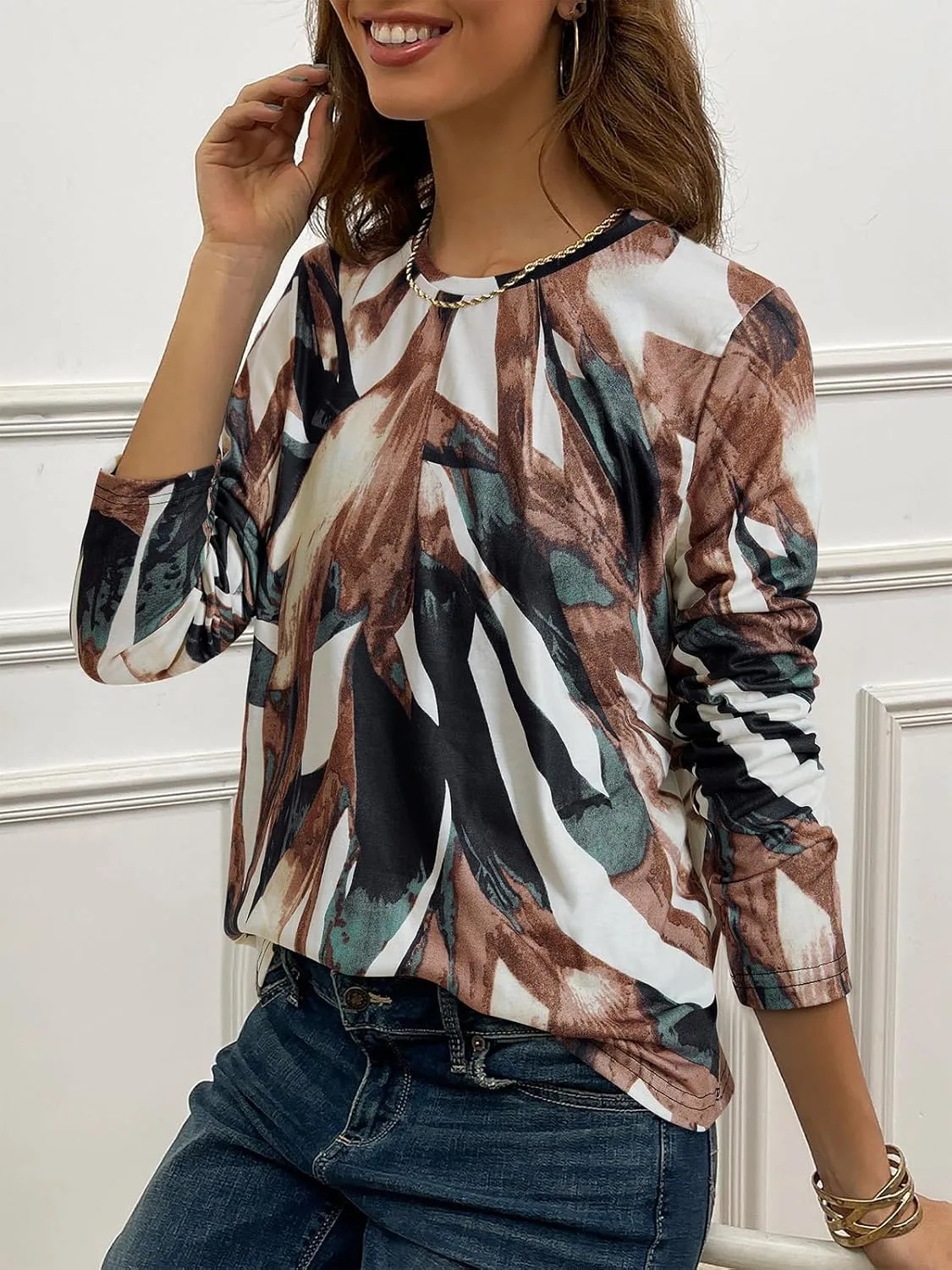 JUSTFASHIONNOW Womens Long Sleeve Tops Casual Shirts for Women Summer Flower Printed T Shirt Crewneck Floral Tee