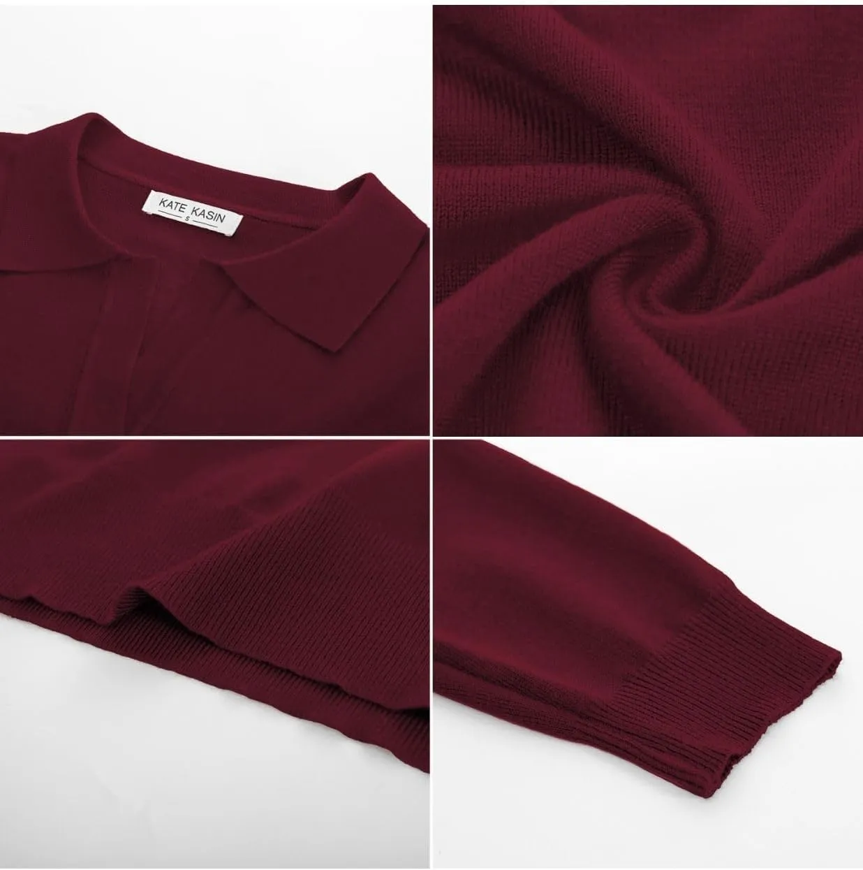 Kate Kasin Women Long Sleeve Polo Sweater V Neck Knitted Tops Casual Ribbed Shirt Loose Pullover Sweater