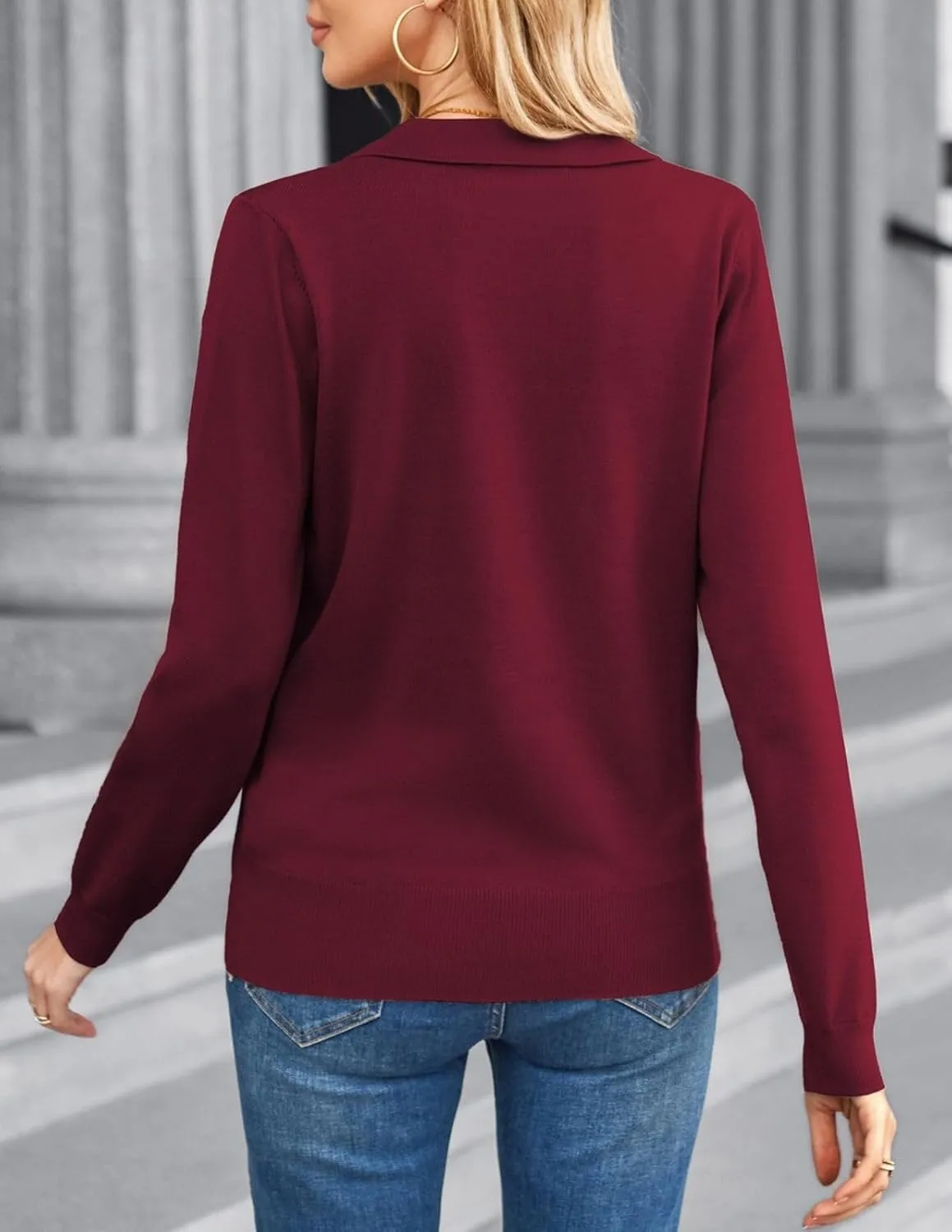 Kate Kasin Women Long Sleeve Polo Sweater V Neck Knitted Tops Casual Ribbed Shirt Loose Pullover Sweater