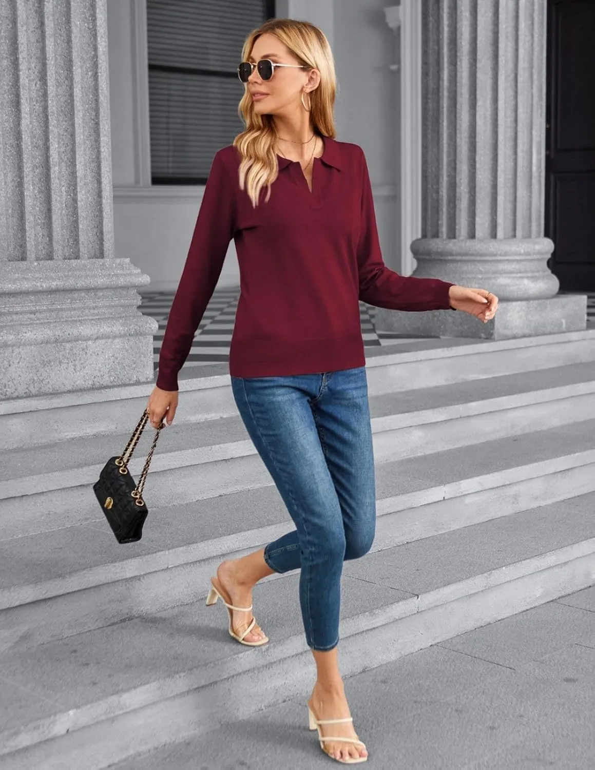 Kate Kasin Women Long Sleeve Polo Sweater V Neck Knitted Tops Casual Ribbed Shirt Loose Pullover Sweater