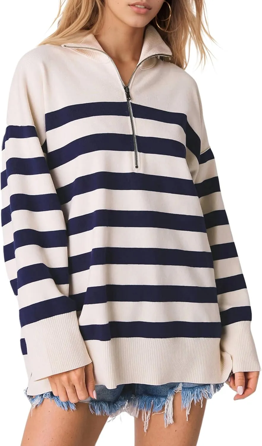 Knit Coastal Stripe Pullover for Women Oversized Fit Medium Weight Sweater with Quarter Zip Neckline 2024 Fall Winter Sweater