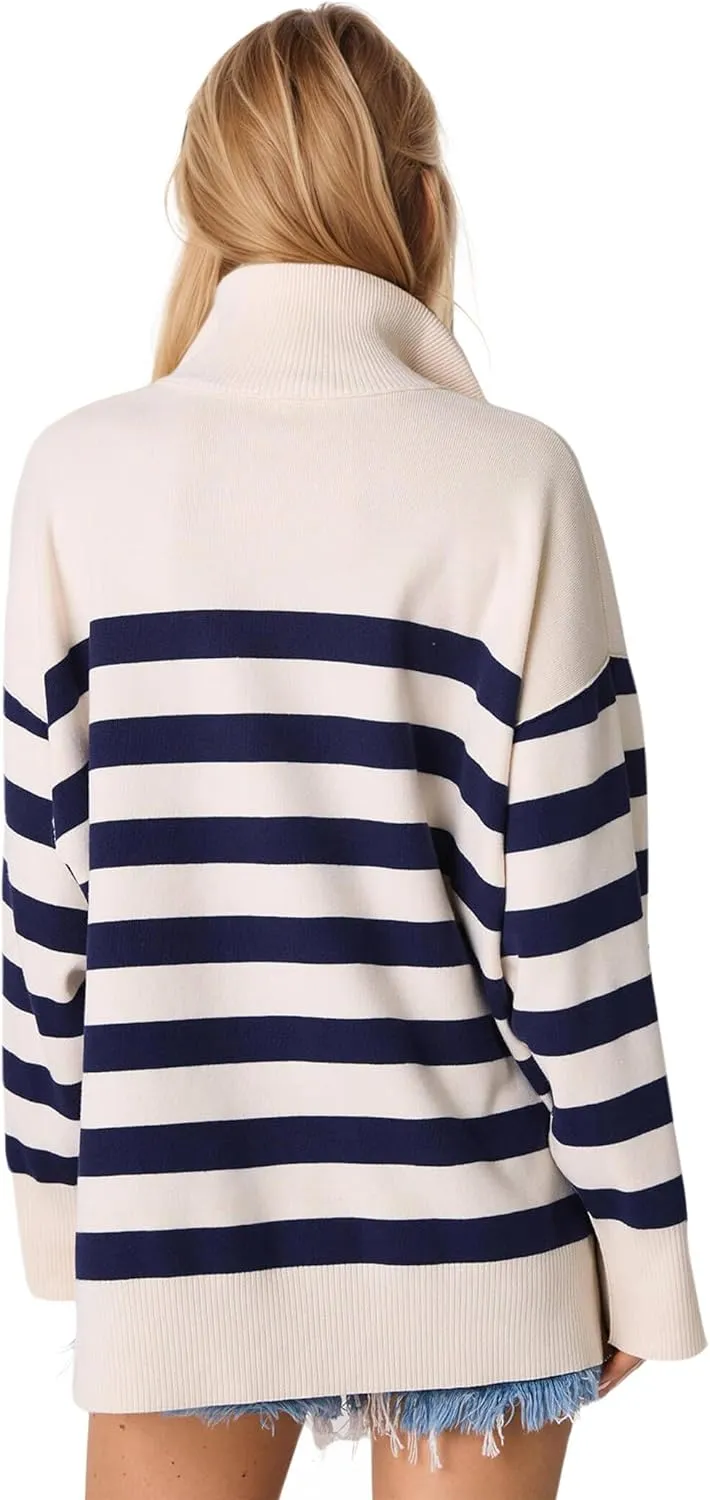 Knit Coastal Stripe Pullover for Women Oversized Fit Medium Weight Sweater with Quarter Zip Neckline 2024 Fall Winter Sweater