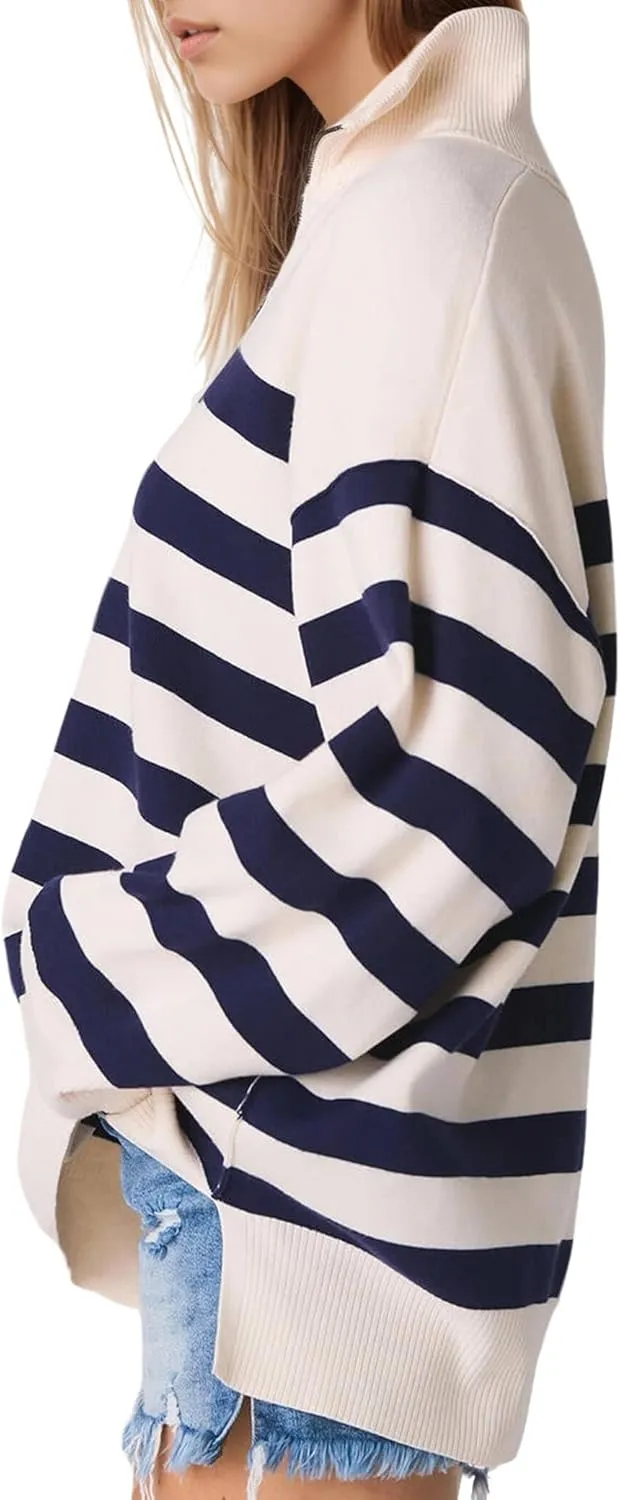 Knit Coastal Stripe Pullover for Women Oversized Fit Medium Weight Sweater with Quarter Zip Neckline 2024 Fall Winter Sweater