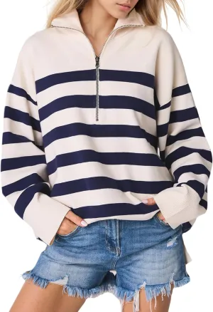 Knit Coastal Stripe Pullover for Women Oversized Fit Medium Weight Sweater with Quarter Zip Neckline 2024 Fall Winter Sweater