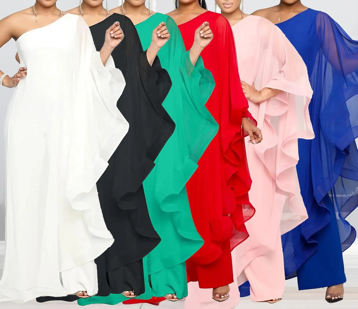 LAJIOJIO Women's One Shoulder Asymmetric Ruffle Loose Long Sleeve Elegant Jumpsuit Wide Leg Long Pants Rompers