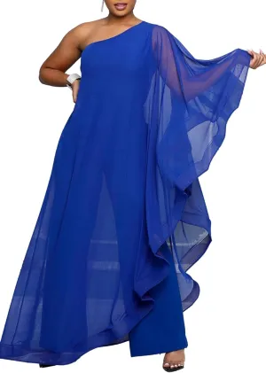 LAJIOJIO Women's One Shoulder Asymmetric Ruffle Loose Long Sleeve Elegant Jumpsuit Wide Leg Long Pants Rompers
