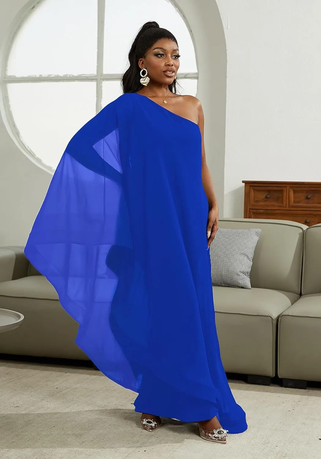 LAJIOJIO Women's One Shoulder Asymmetric Ruffle Loose Long Sleeve Elegant Jumpsuit Wide Leg Long Pants Rompers