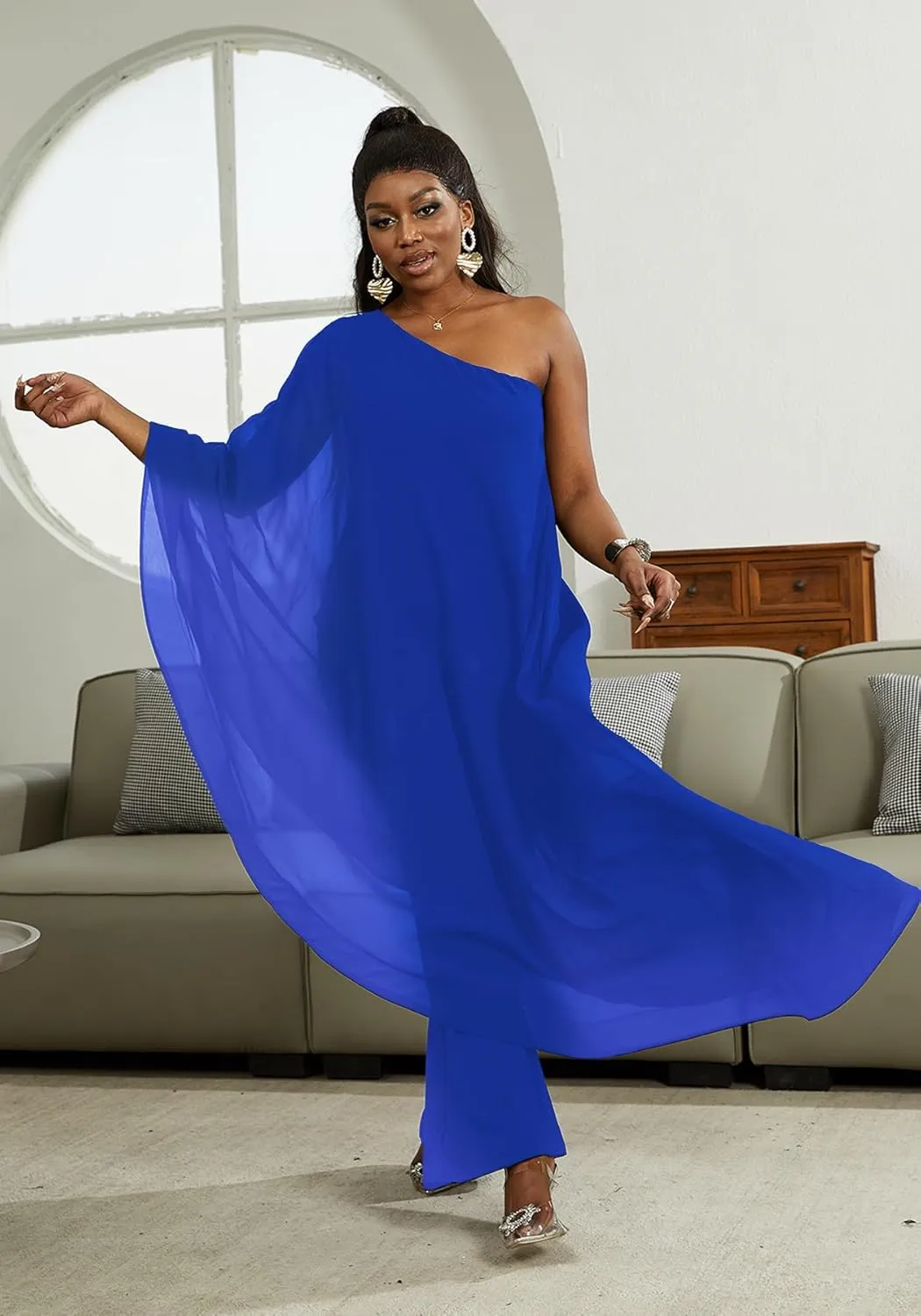 LAJIOJIO Women's One Shoulder Asymmetric Ruffle Loose Long Sleeve Elegant Jumpsuit Wide Leg Long Pants Rompers