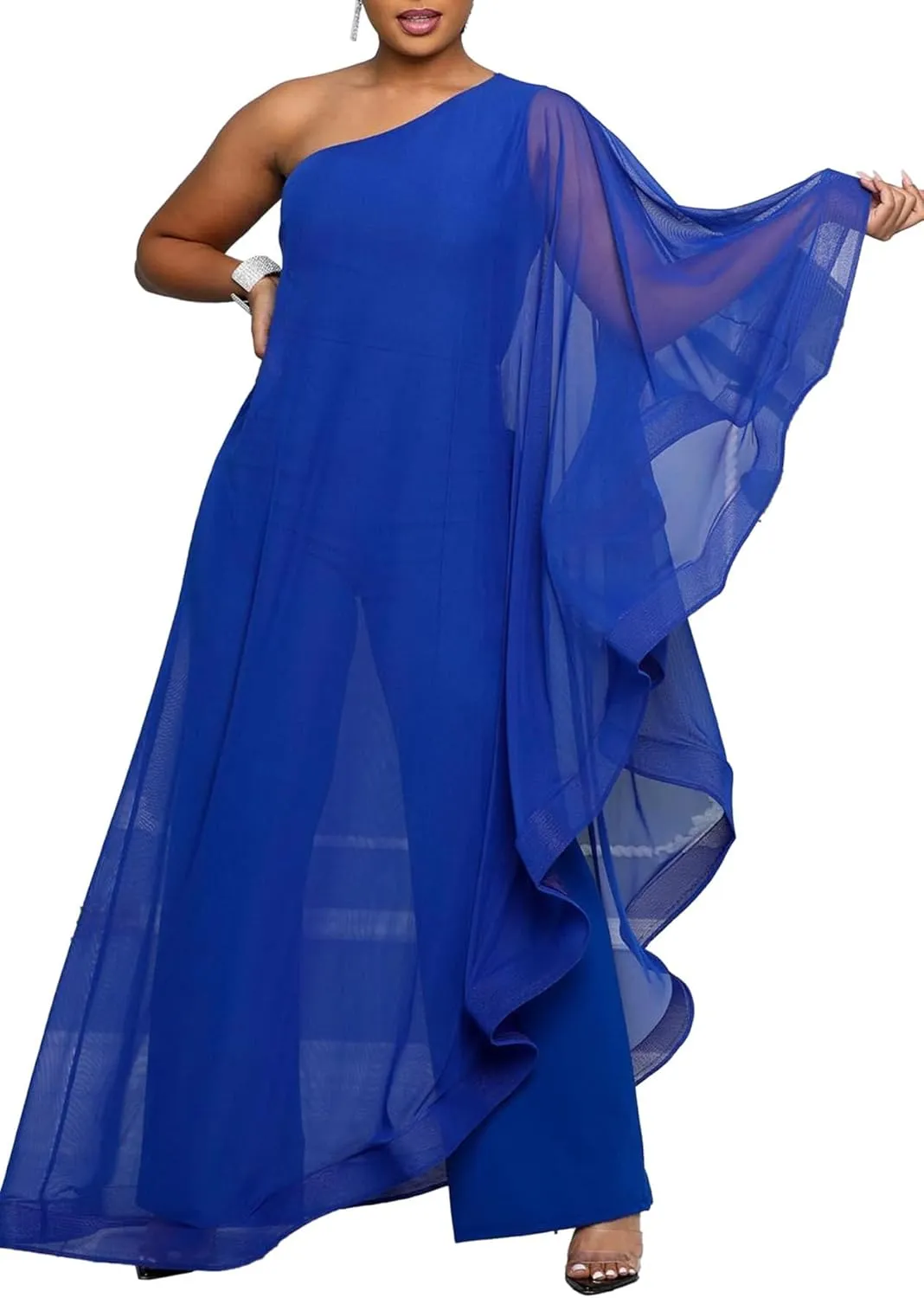 LAJIOJIO Women's One Shoulder Asymmetric Ruffle Loose Long Sleeve Elegant Jumpsuit Wide Leg Long Pants Rompers