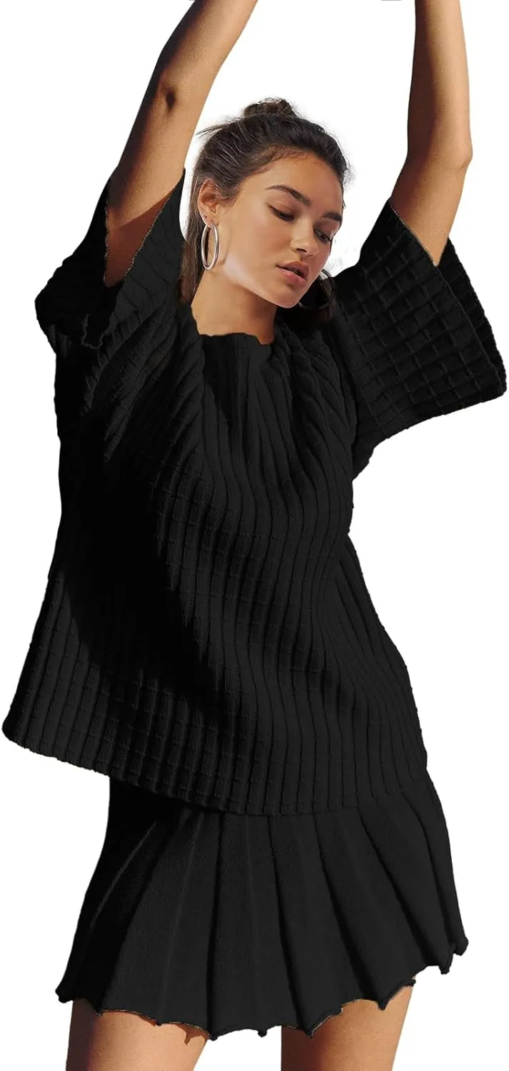 LAMISSCHE Womens Lounge Set Oversized 2 Piece Sweater Skirt Sets Long Sleeve Knit Top Pleated Skirts