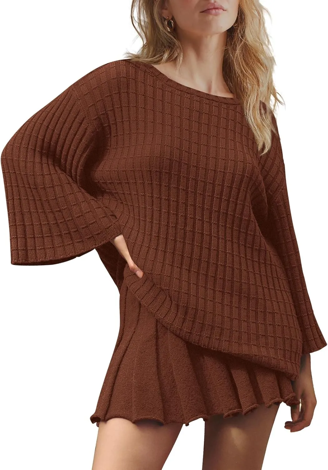 LAMISSCHE Womens Lounge Set Oversized 2 Piece Sweater Skirt Sets Long Sleeve Knit Top Pleated Skirts