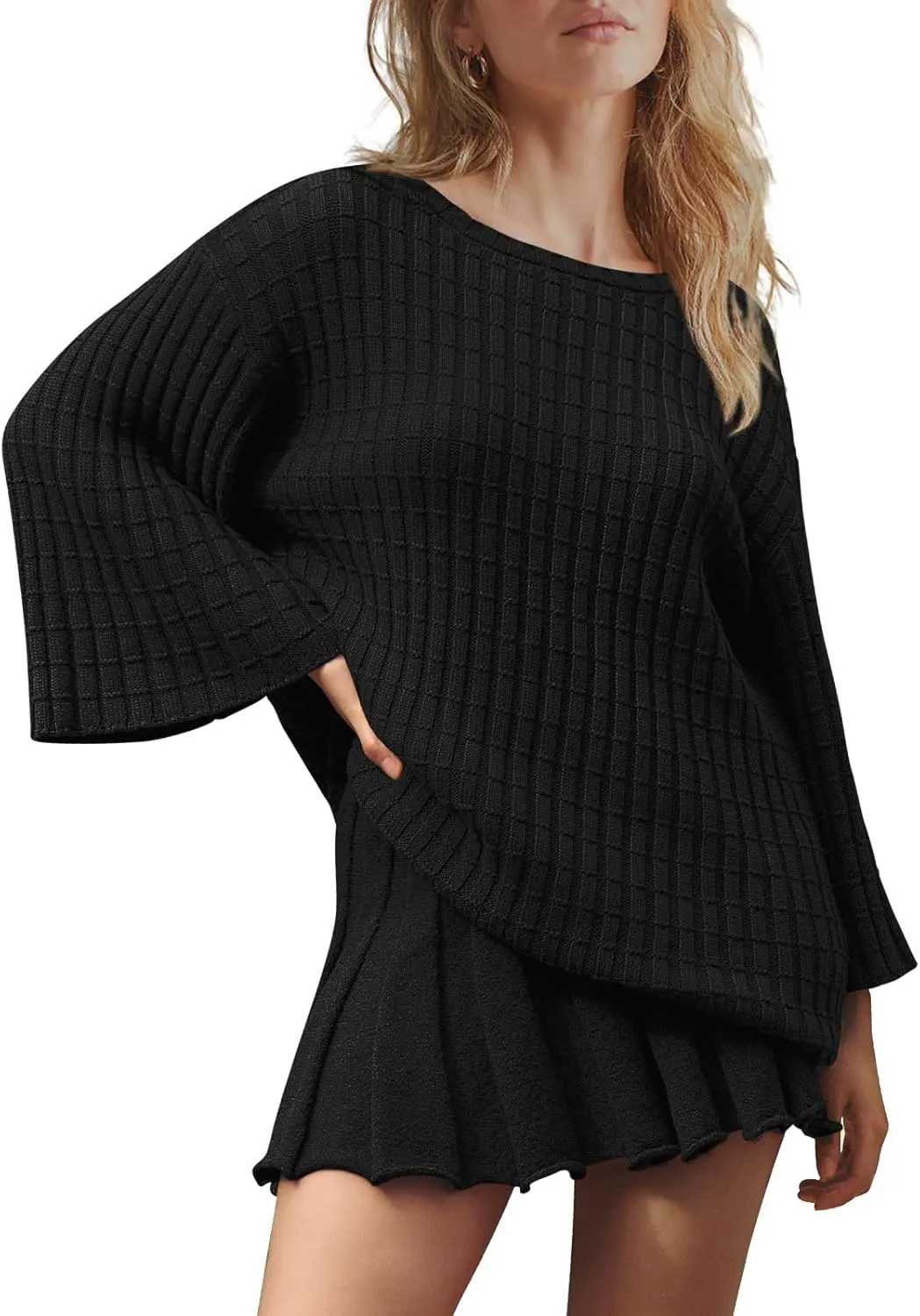 LAMISSCHE Womens Lounge Set Oversized 2 Piece Sweater Skirt Sets Long Sleeve Knit Top Pleated Skirts