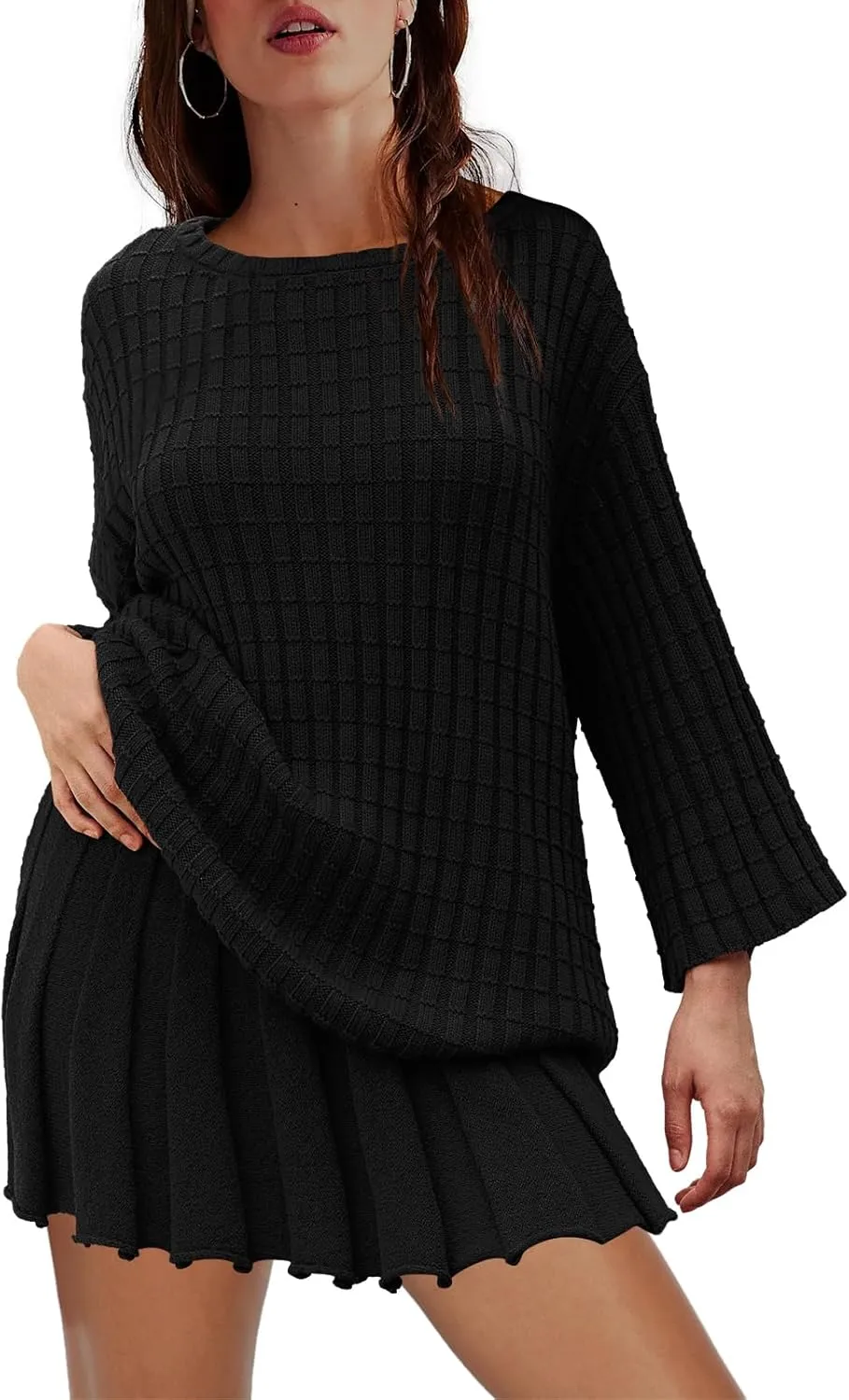 LAMISSCHE Womens Lounge Set Oversized 2 Piece Sweater Skirt Sets Long Sleeve Knit Top Pleated Skirts