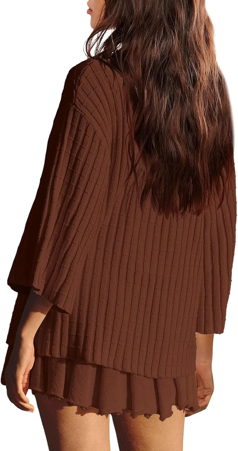 LAMISSCHE Womens Lounge Set Oversized 2 Piece Sweater Skirt Sets Long Sleeve Knit Top Pleated Skirts