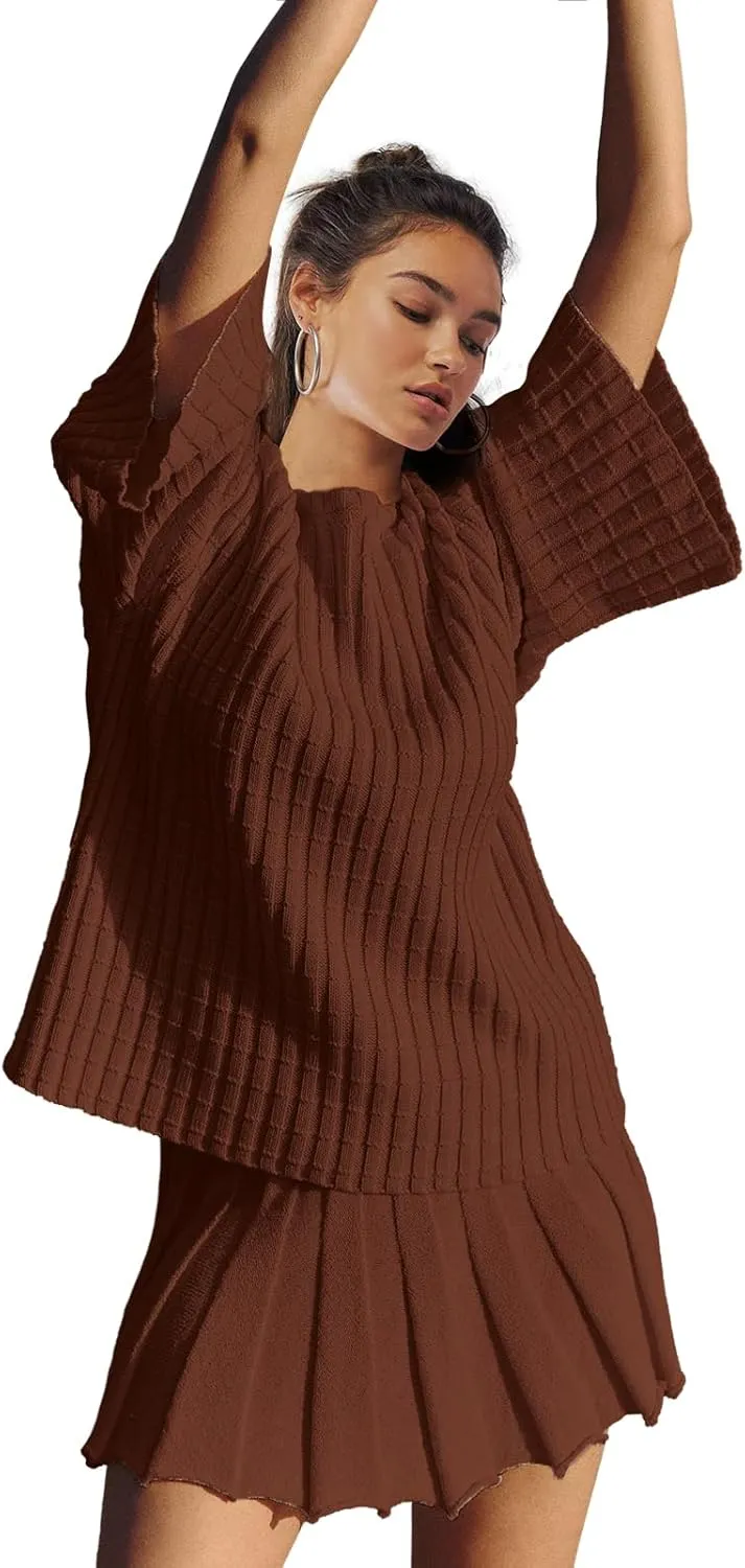 LAMISSCHE Womens Lounge Set Oversized 2 Piece Sweater Skirt Sets Long Sleeve Knit Top Pleated Skirts