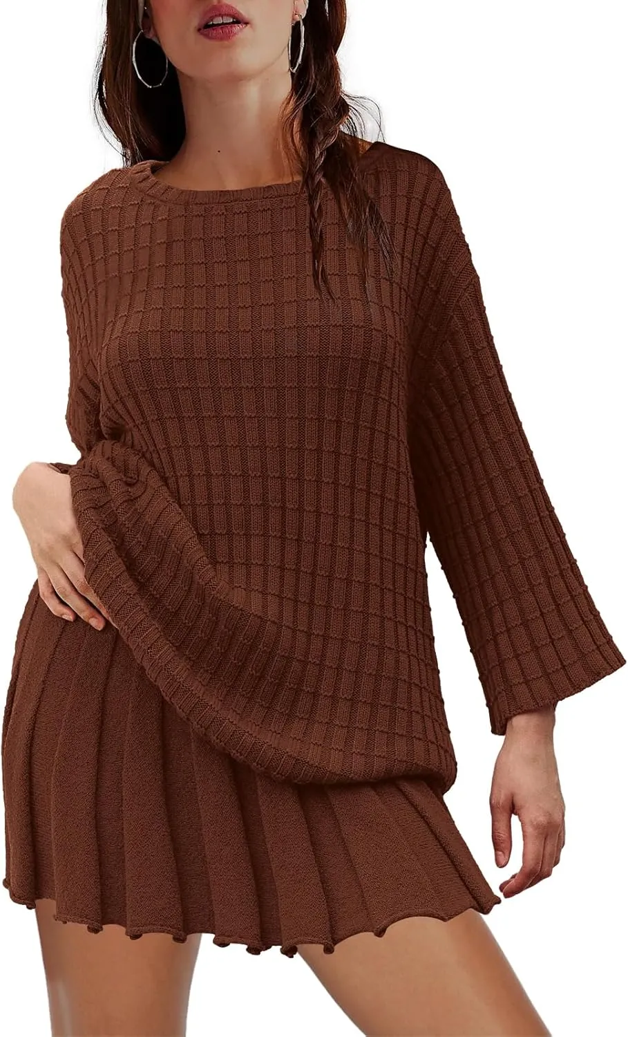 LAMISSCHE Womens Lounge Set Oversized 2 Piece Sweater Skirt Sets Long Sleeve Knit Top Pleated Skirts