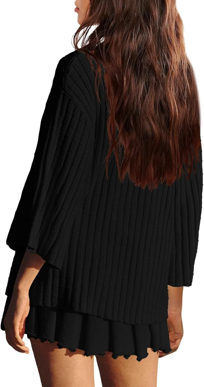 LAMISSCHE Womens Lounge Set Oversized 2 Piece Sweater Skirt Sets Long Sleeve Knit Top Pleated Skirts