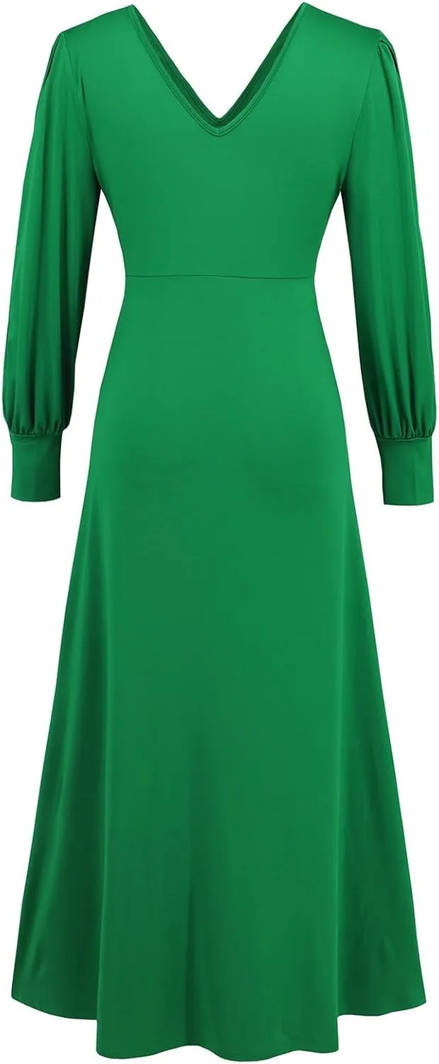 Leaf Print Ruffle Hem Belted Dress for Women V-Neck Vacation Ruffle Sleeve Party Formal Dress for Spring Summer