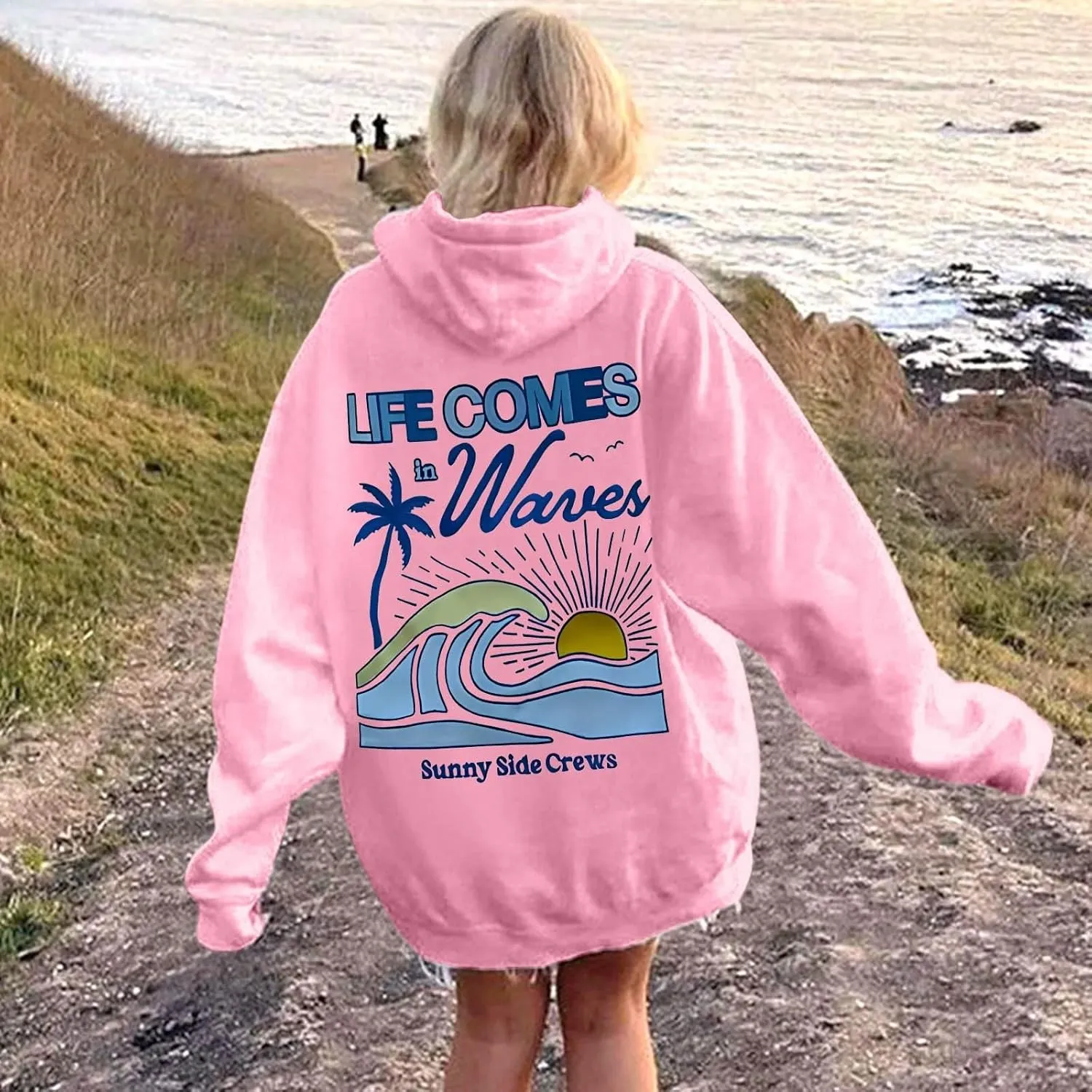Life Comes in Waves Print Sweatshirts Womens Oversized Hoodies Casual Long Sleeve Blouse Tops Drawstring Pocket Outfits