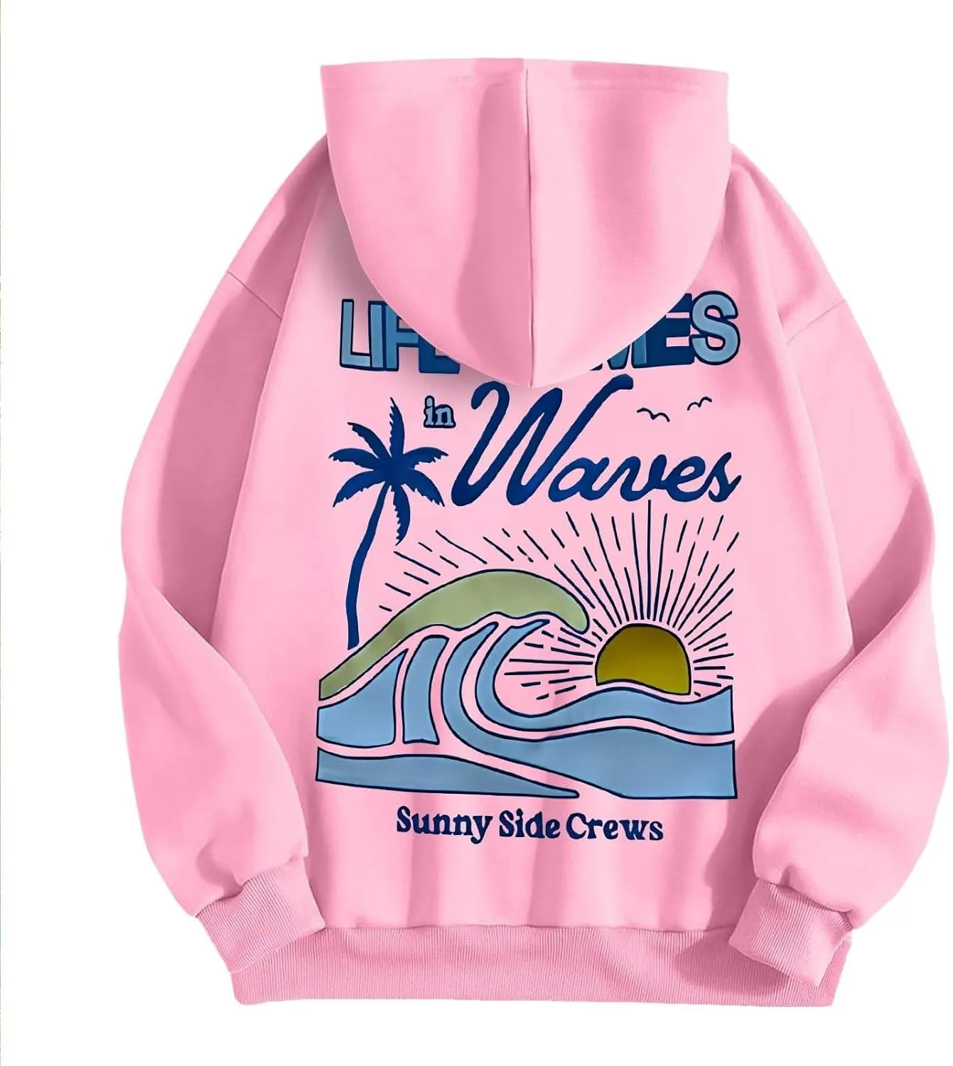Life Comes in Waves Print Sweatshirts Womens Oversized Hoodies Casual Long Sleeve Blouse Tops Drawstring Pocket Outfits